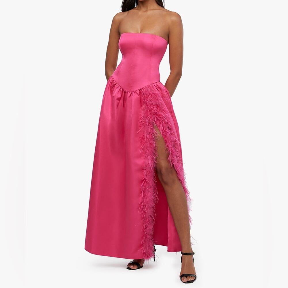 REVOLVE Strapless Pink Feather-Trim Maxi Dress